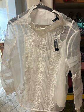 Sheer White Lace-Panel Blouse